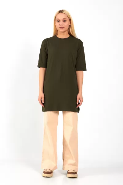 Haki Pamuklu Uzun Kadın Tişört