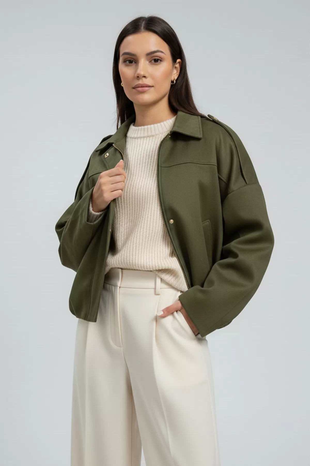 Haki Süet Bol Kadın Bomber Ceket