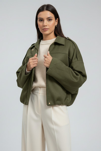 Haki Süet Bol Kadın Bomber Ceket