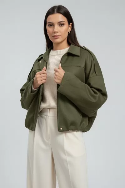 Haki Süet Bol Kadın Bomber Ceket
