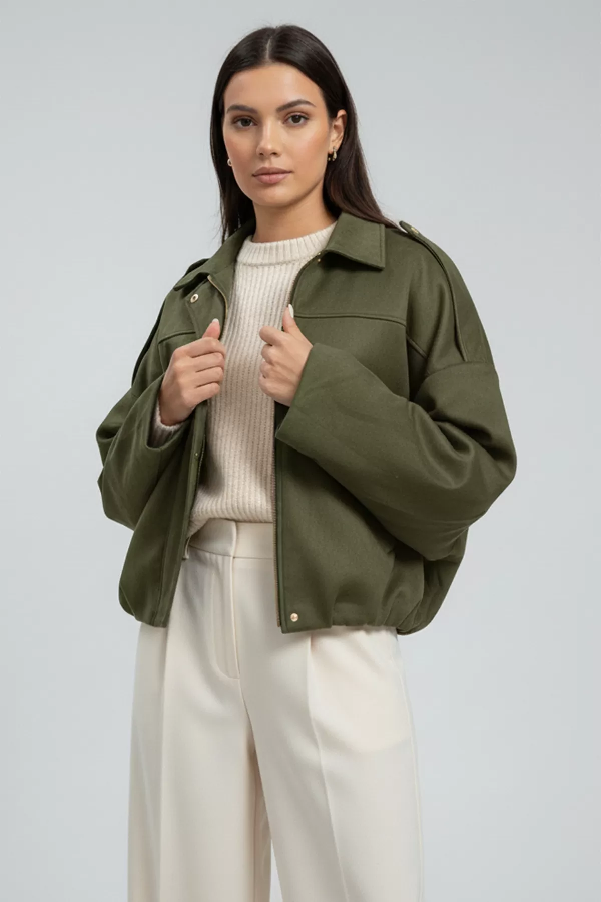 Haki Süet Bol Kadın Bomber Ceket