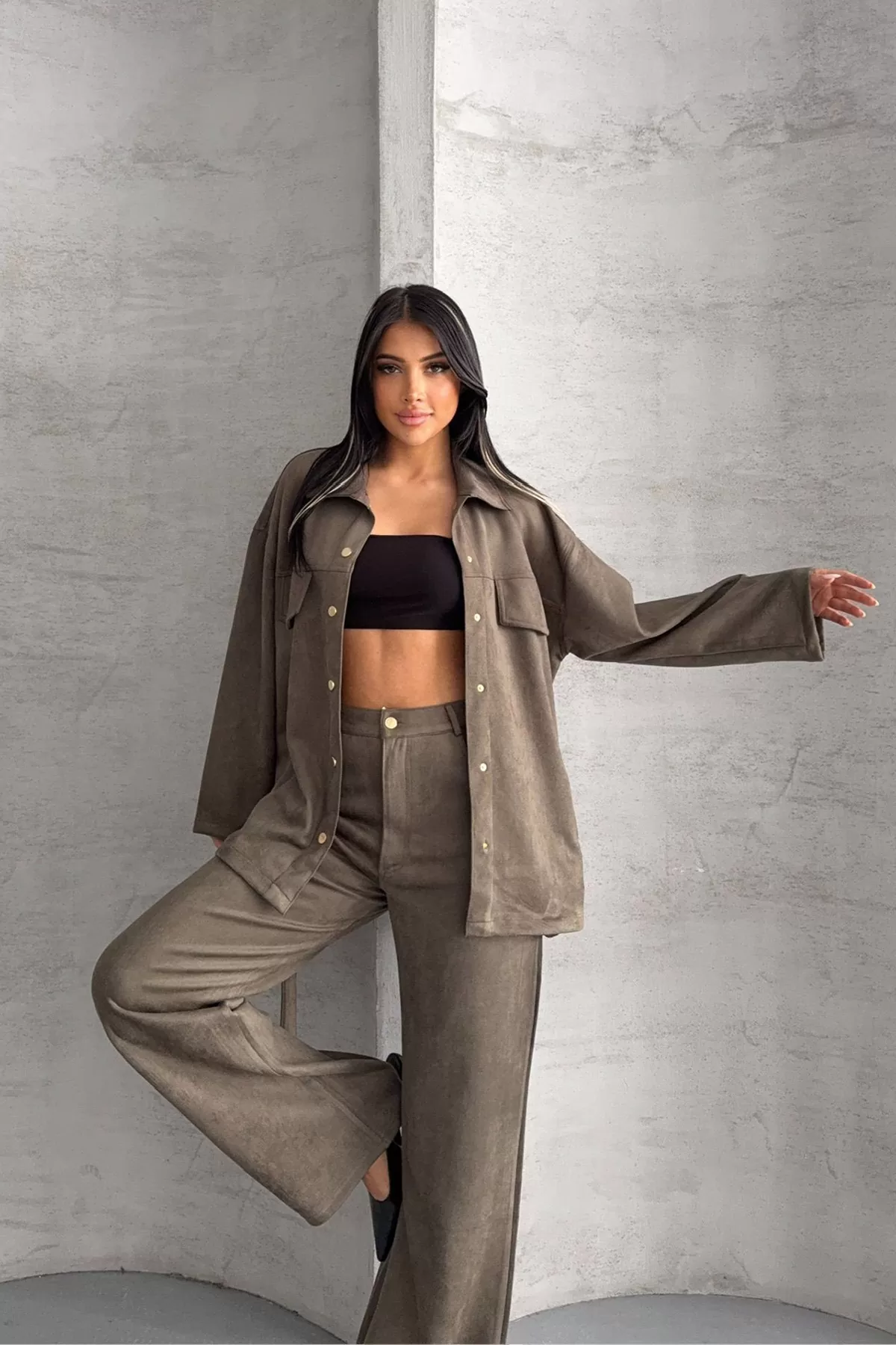 Haki Süet Kadın Alt Üst Takım