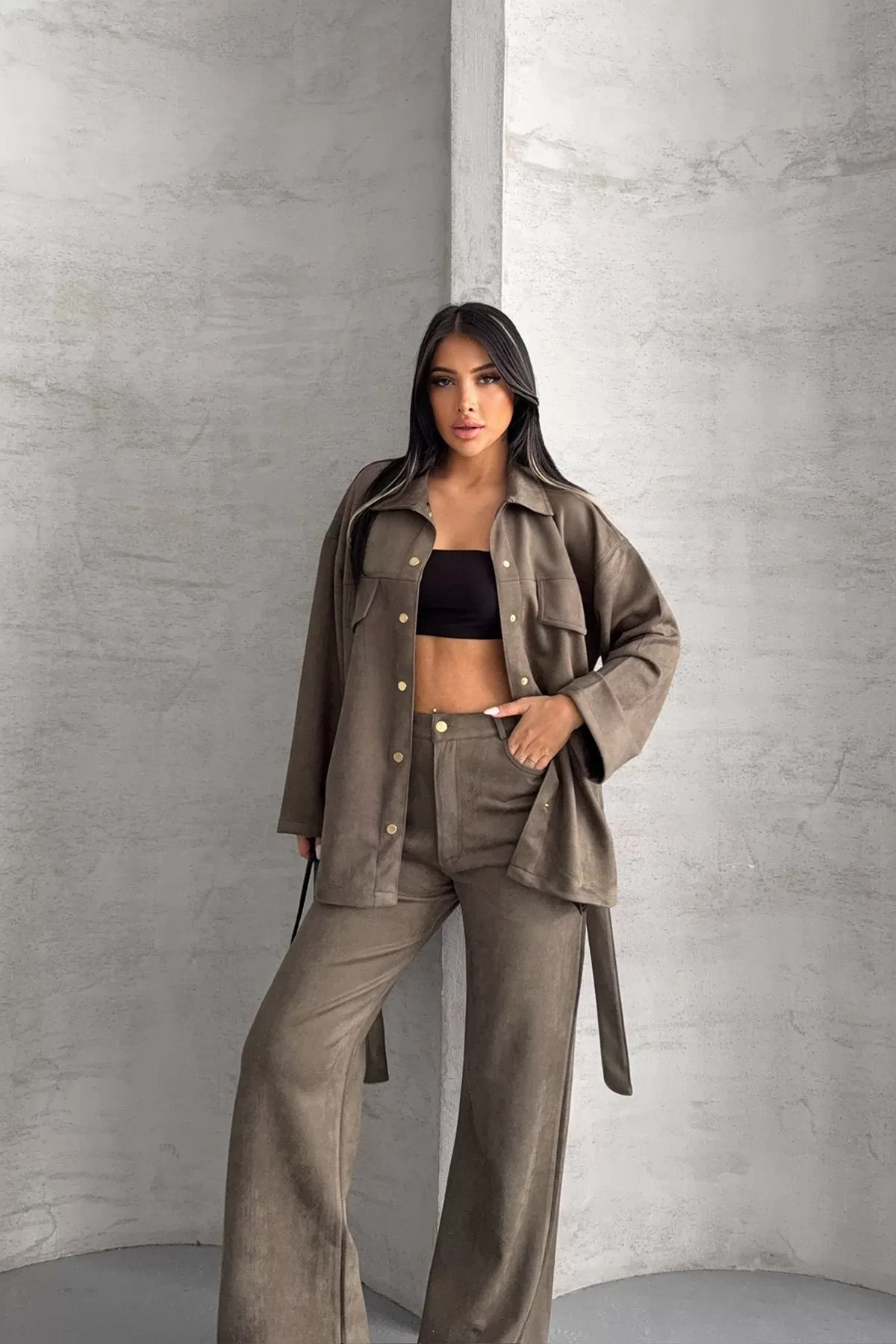 Haki Süet Kadın Alt Üst Takım