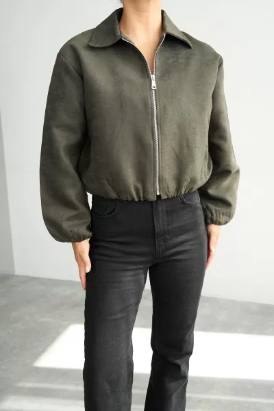 Haki Süet Kadın Bomber Ceket