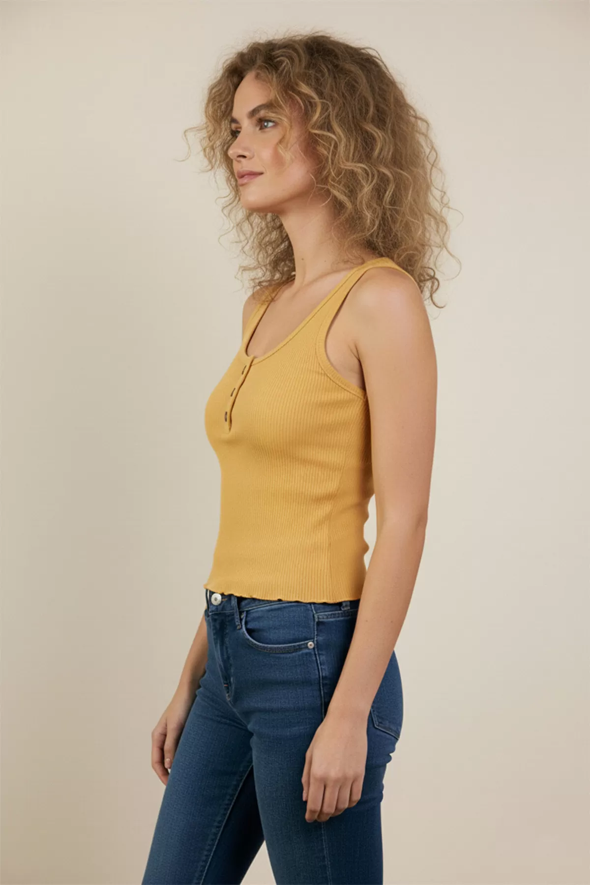 Hardal Sarı Pamuklu Basic Kadın Atlet