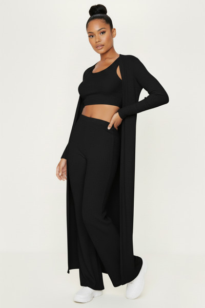 Siyah Hırka Atlet Pantolon Kadın Alt-Üst Üçlü Takım