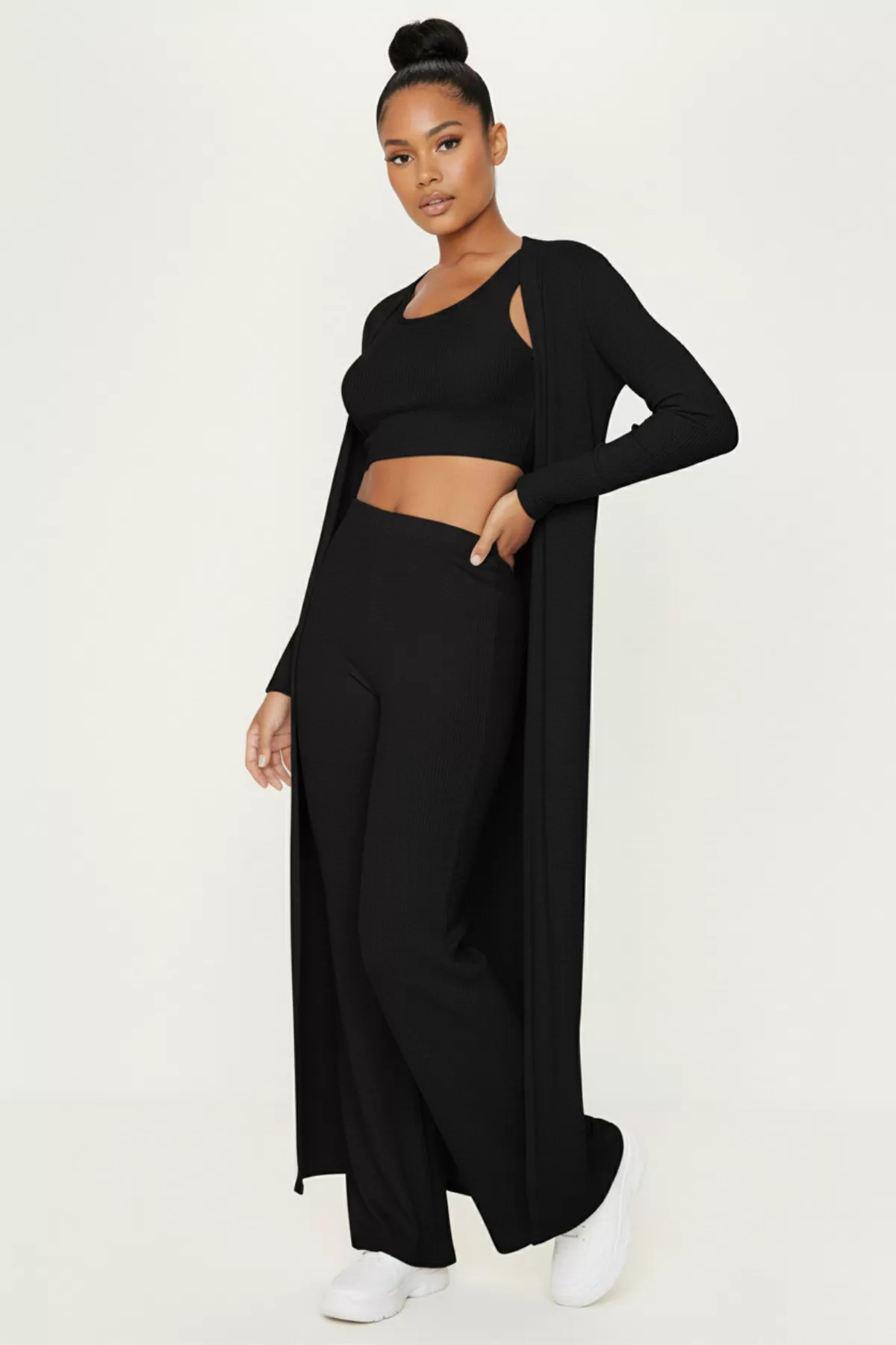 Siyah Hırka Atlet Pantolon Kadın Alt-Üst Üçlü Takım