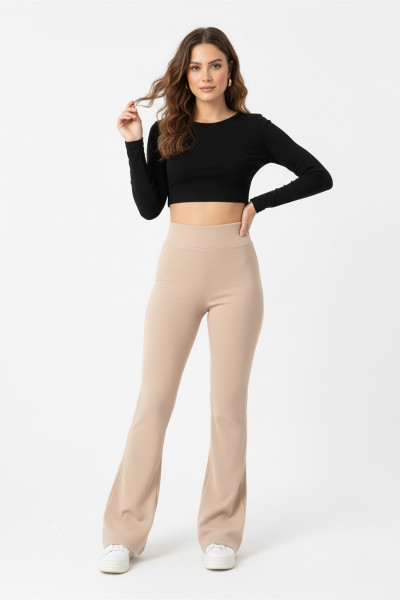 İçi Şardonlu İspanyol Paça Bej Kadın Tayt Pantolon