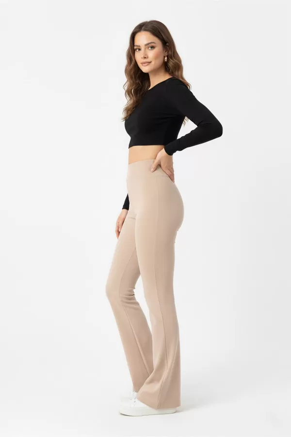 İçi Şardonlu İspanyol Paça Bej Kadın Tayt Pantolon