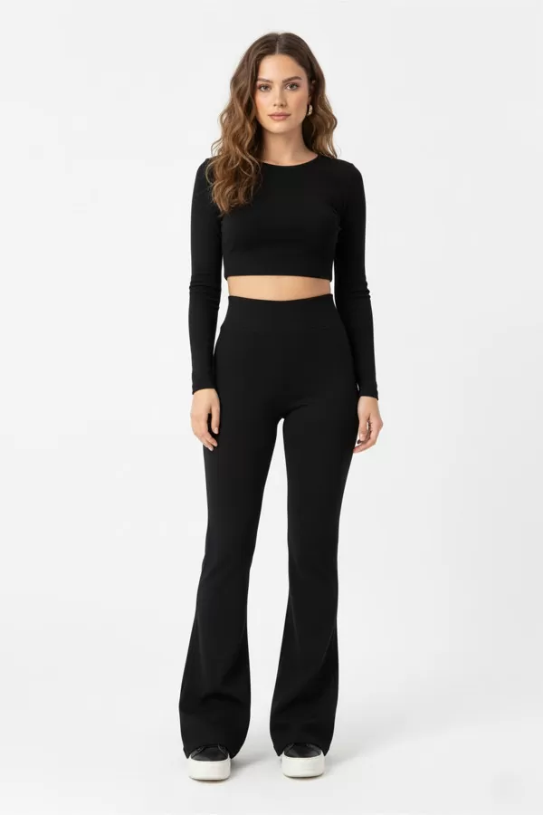 İçi Şardonlu İspanyol Paça Siyah Kadın Tayt Pantolon