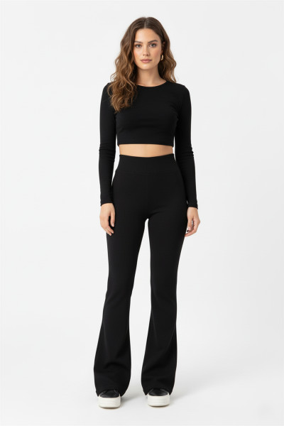 İçi Şardonlu İspanyol Paça Siyah Kadın Tayt Pantolon