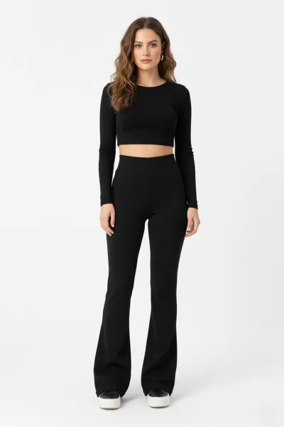 İçi Şardonlu İspanyol Paça Siyah Kadın Tayt Pantolon