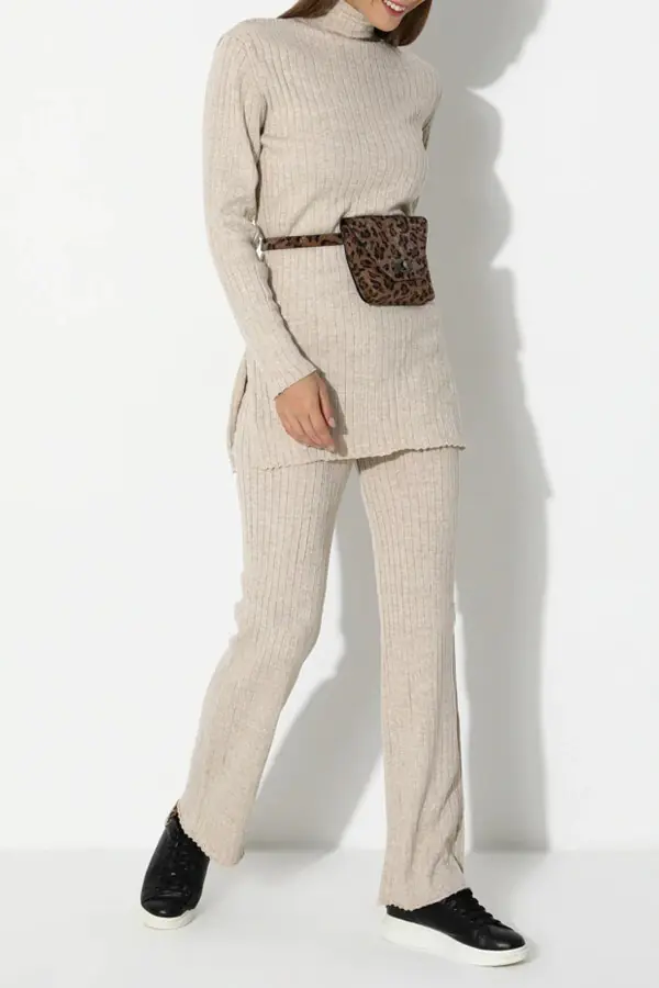 Taş Rengi Kadın Pantolon Tunik Triko Takım