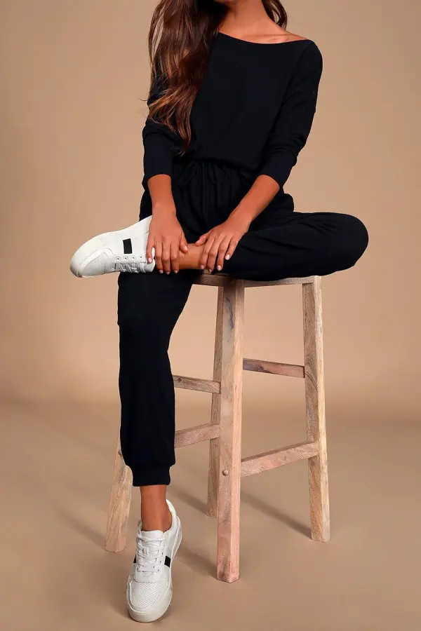 Kayık Yaka Siyah Kaşkorse Kadın Eşofman Takımı