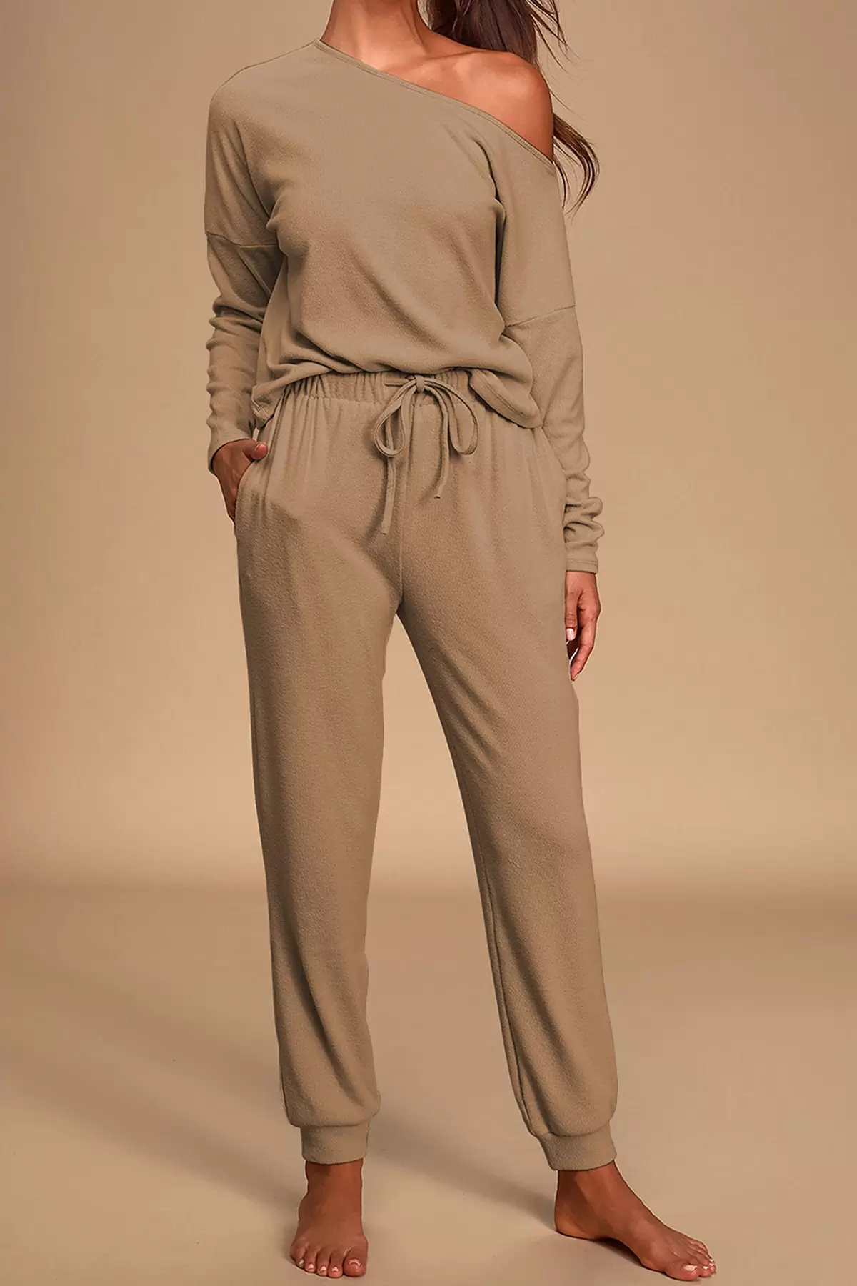 Kayık Yaka Sütlü Kahve Kaşkorse Kadın Eşofman Takımı