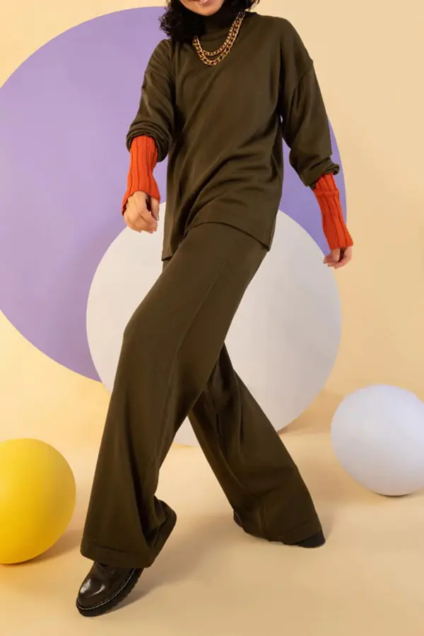 Haki Triko Pantolon Kazak Kadın Takım