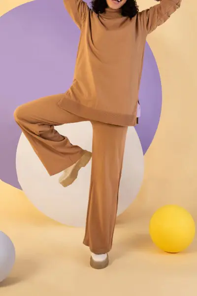 Camel Triko Pantolon Kazak Kadın Takım