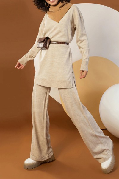 Taş Rengi Triko Pantolon Kazak Kadın Takım