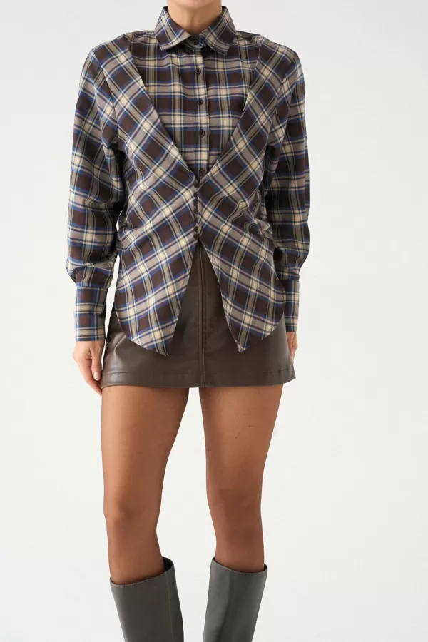 Kahverengi Bej Ekose Kadın Gömlek