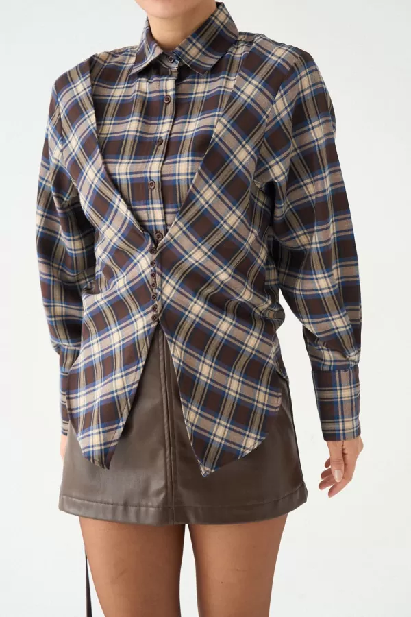 Kahverengi Bej Ekose Kadın Gömlek
