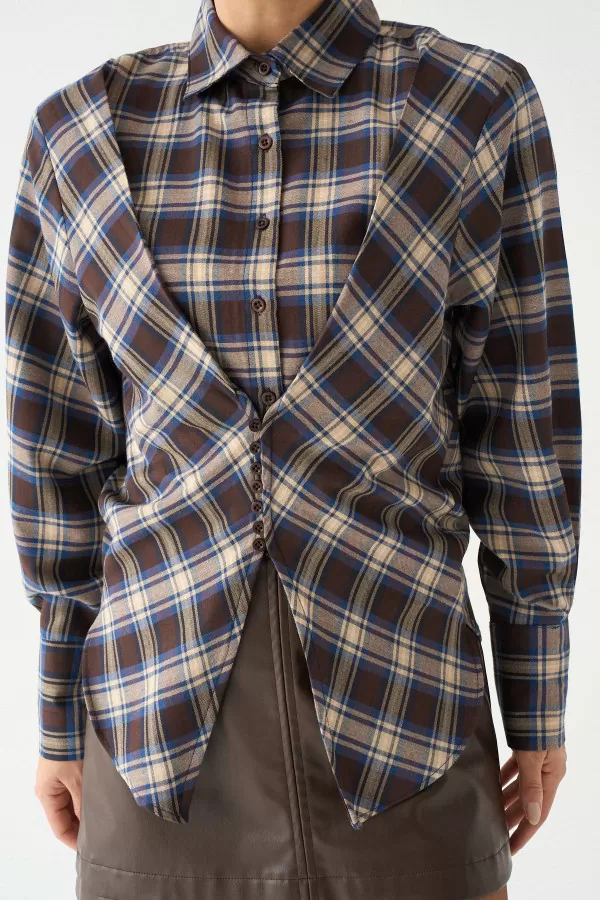 Kahverengi Bej Ekose Kadın Gömlek