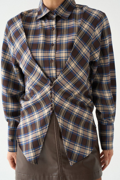 Kahverengi Bej Ekose Kadın Gömlek