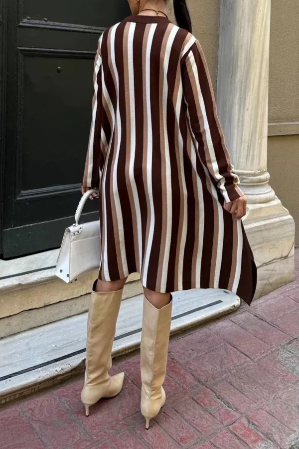 Kahverengi Beyaz Çizgili Triko Kısa Elbise