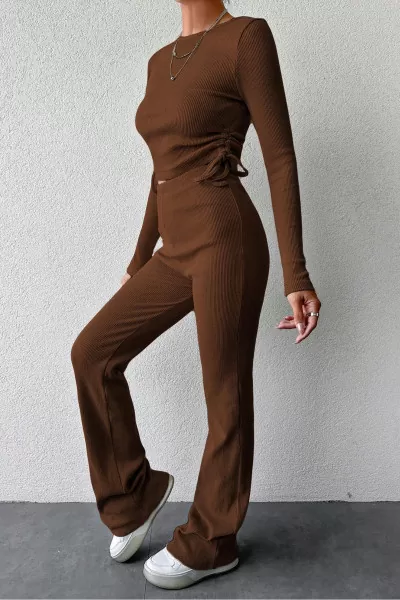 Kahverengi Bisiklet Yaka Bluz Pantolon Kadın Alt Üst Takım
