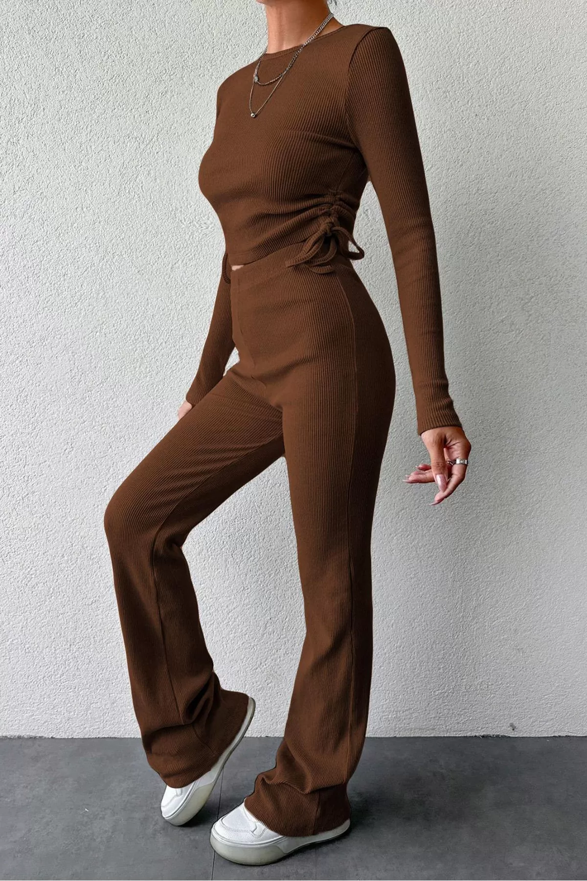 Kahverengi Bisiklet Yaka Bluz Pantolon Kadın Alt Üst Takım