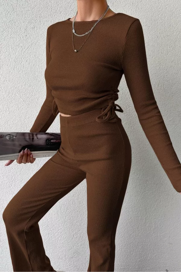Kahverengi Bisiklet Yaka Bluz Pantolon Kadın Alt Üst Takım