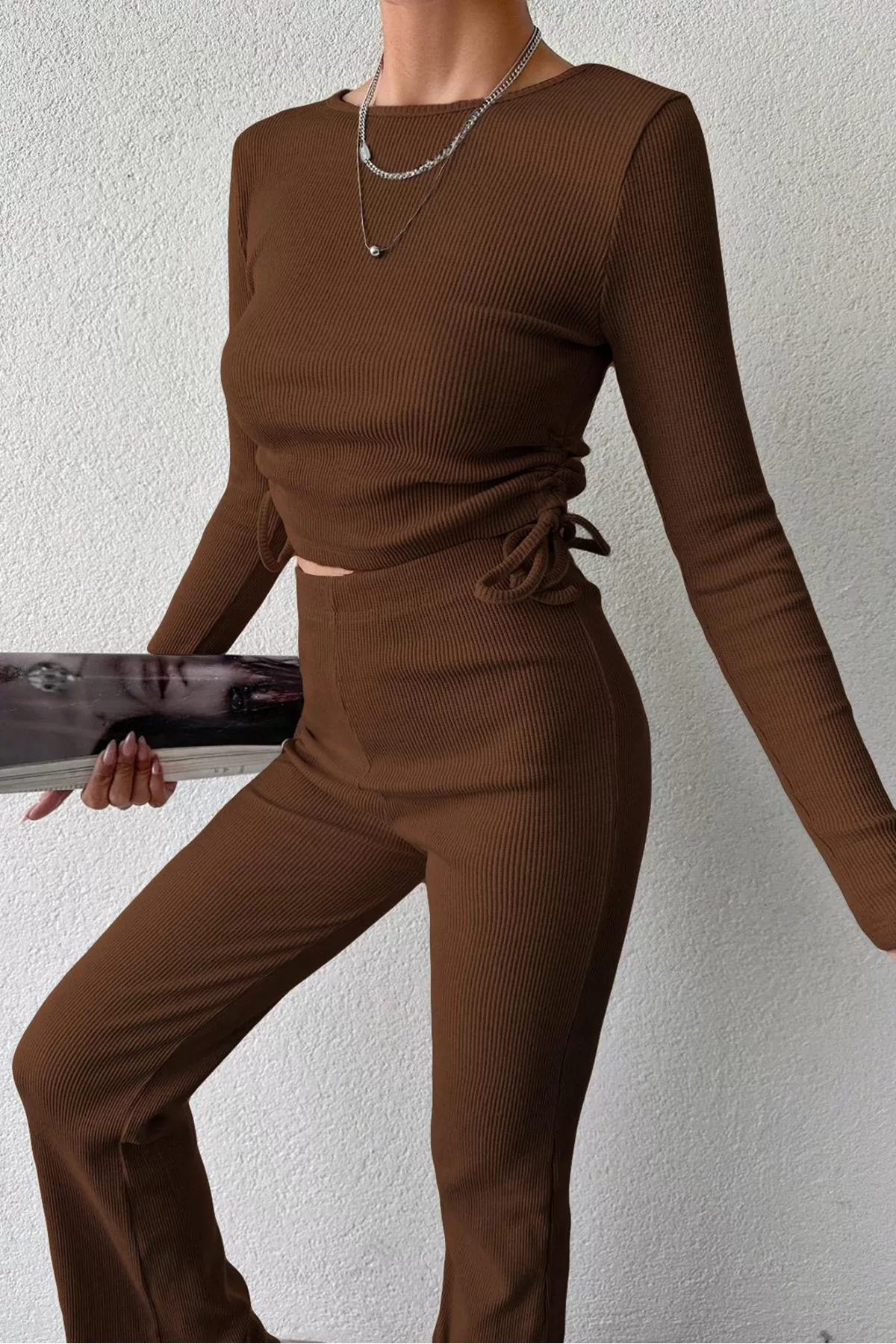 Kahverengi Bisiklet Yaka Bluz Pantolon Kadın Alt Üst Takım