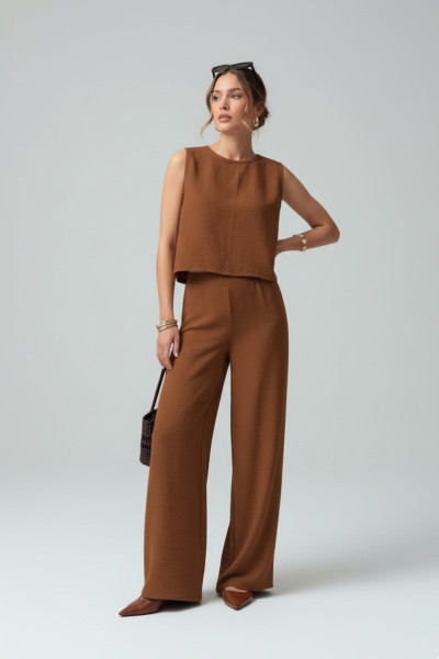 Kahverengi Bluz Geniş Paça Pantolon Alt Üst Takım