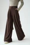 Kahverengi Bol Kesim Pileli Kadın Pantolon