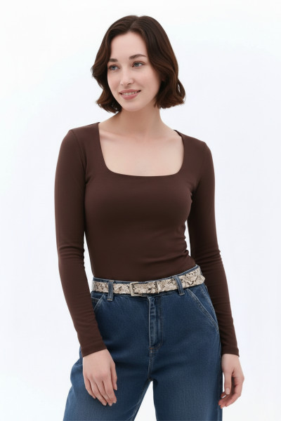 Kahverengi Buzzy Kumaş Kare Yaka Body