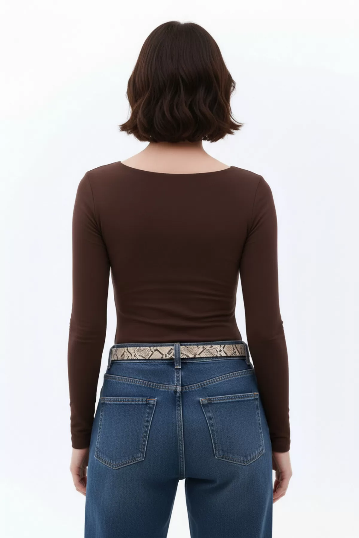 Kahverengi Buzzy Kumaş Kare Yaka Body