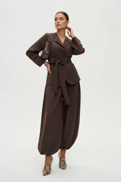 Kahverengi Ceket-Bluz Şalvar-Pantolon Alt Üst Takım