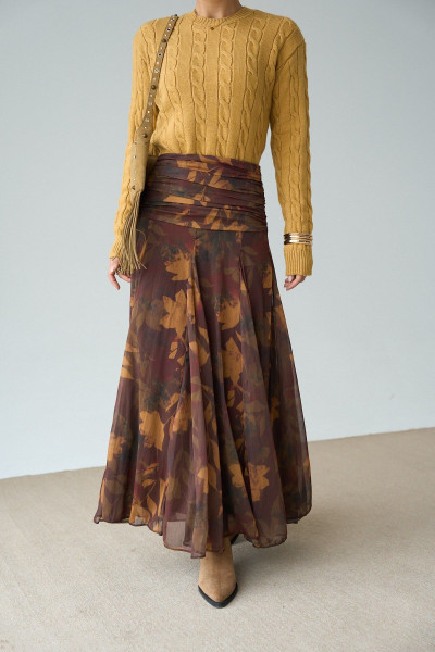 Kahverengi Çiçek Desenli Kloş Etek