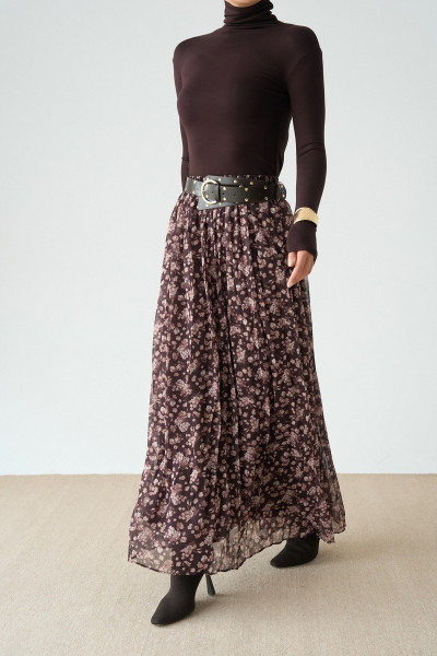 Kahverengi Çiçek Desenli Maksi Etek