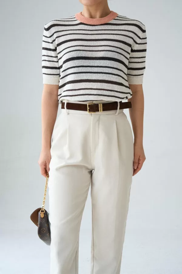 Kahverengi Çizgili Ekru Merserize Triko Bluz