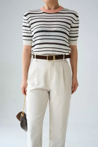 Kahverengi Çizgili Ekru Merserize Triko Bluz