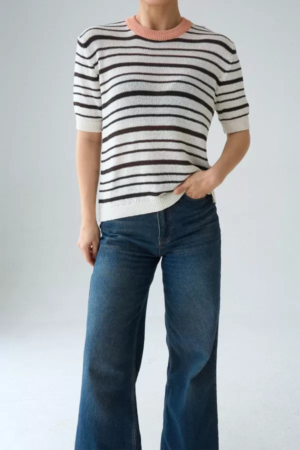 Kahverengi Çizgili Ekru Merserize Triko Bluz