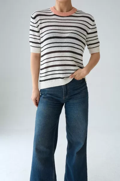 Kahverengi Çizgili Ekru Merserize Triko Bluz