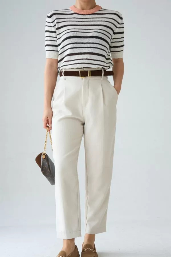 Kahverengi Çizgili Ekru Merserize Triko Bluz