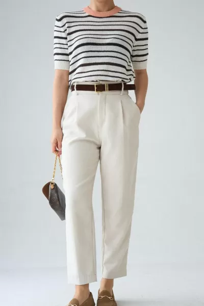 Kahverengi Çizgili Ekru Merserize Triko Bluz