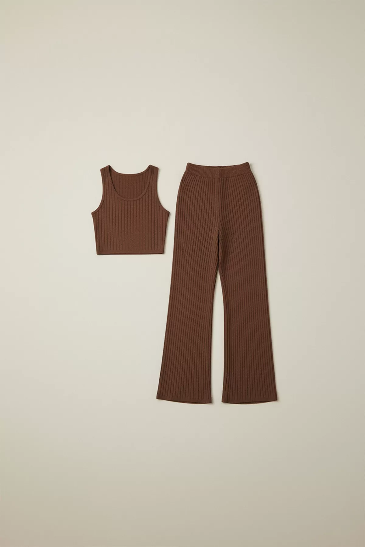 Kahverengi Crop Bluz Pantolon Alt Üst Takım