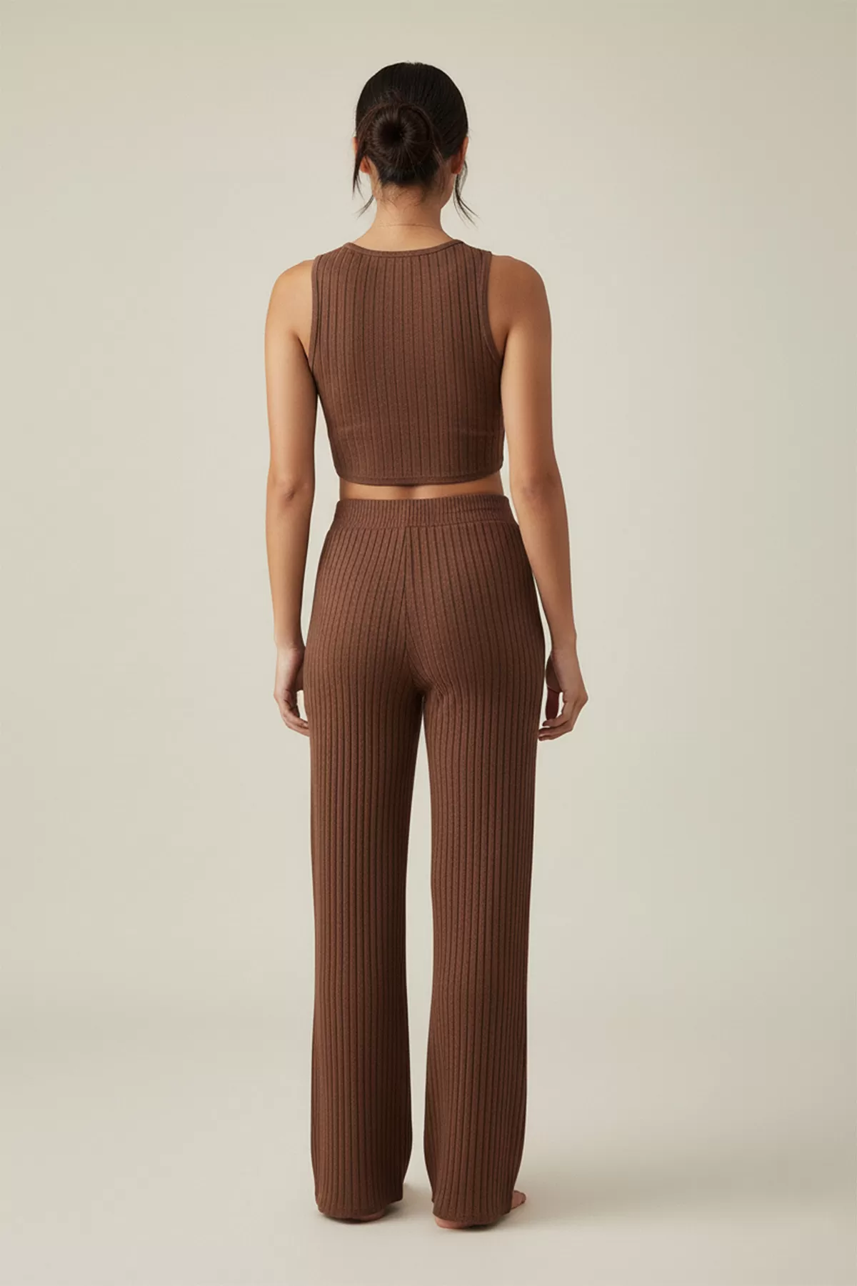 Kahverengi Crop Bluz Pantolon Alt Üst Takım