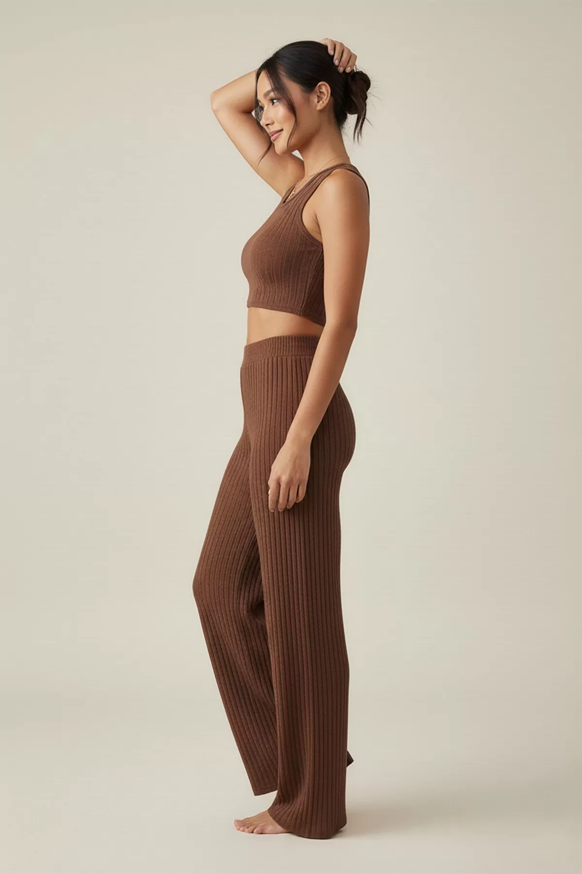 Kahverengi Crop Bluz Pantolon Alt Üst Takım