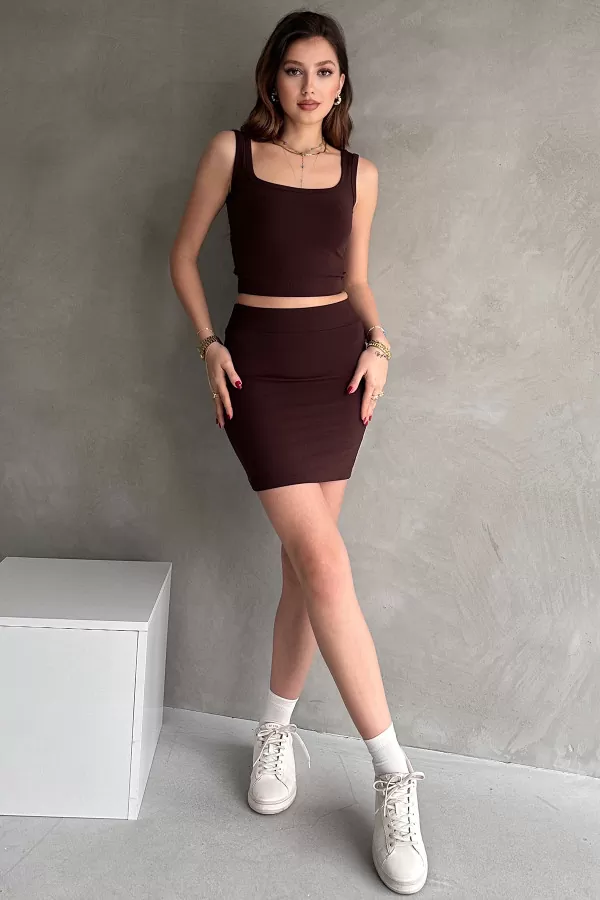 Kahverengi Dalgıç Kumaş Mini Etek Crop Bluz İkili Takım