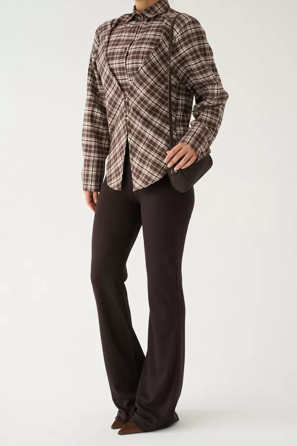 Kahverengi Ekru Ekose Kadın Gömlek