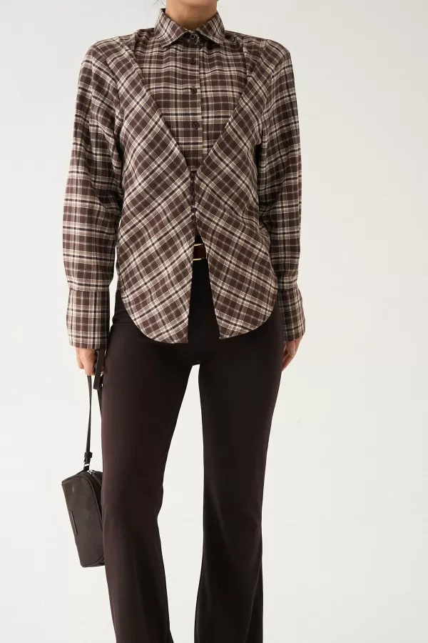 Kahverengi Ekru Ekose Kadın Gömlek